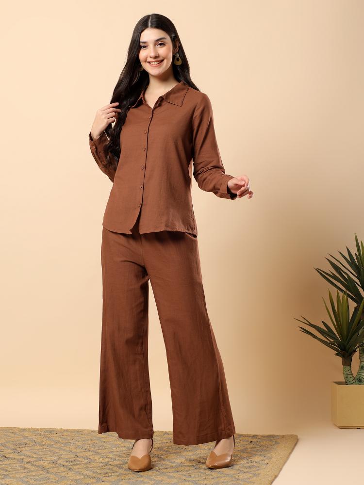 Women Coffee Plain Cotton Shirt  Trouser Set
