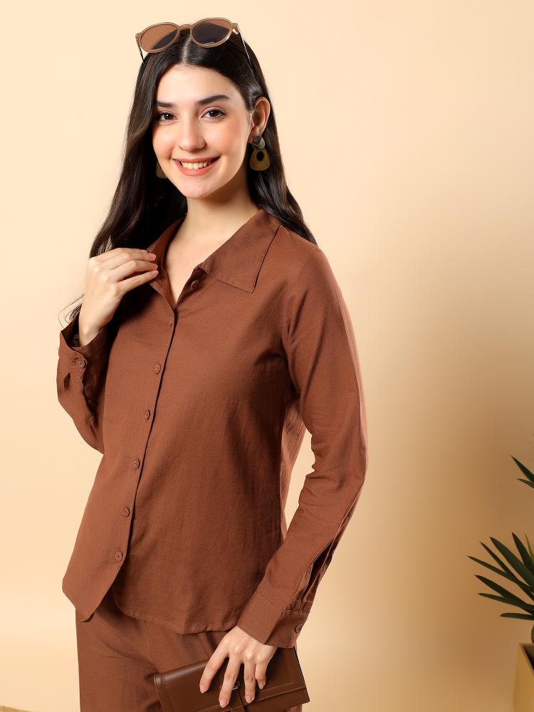 Women Coffee Plain Cotton Shirt  Trouser Set