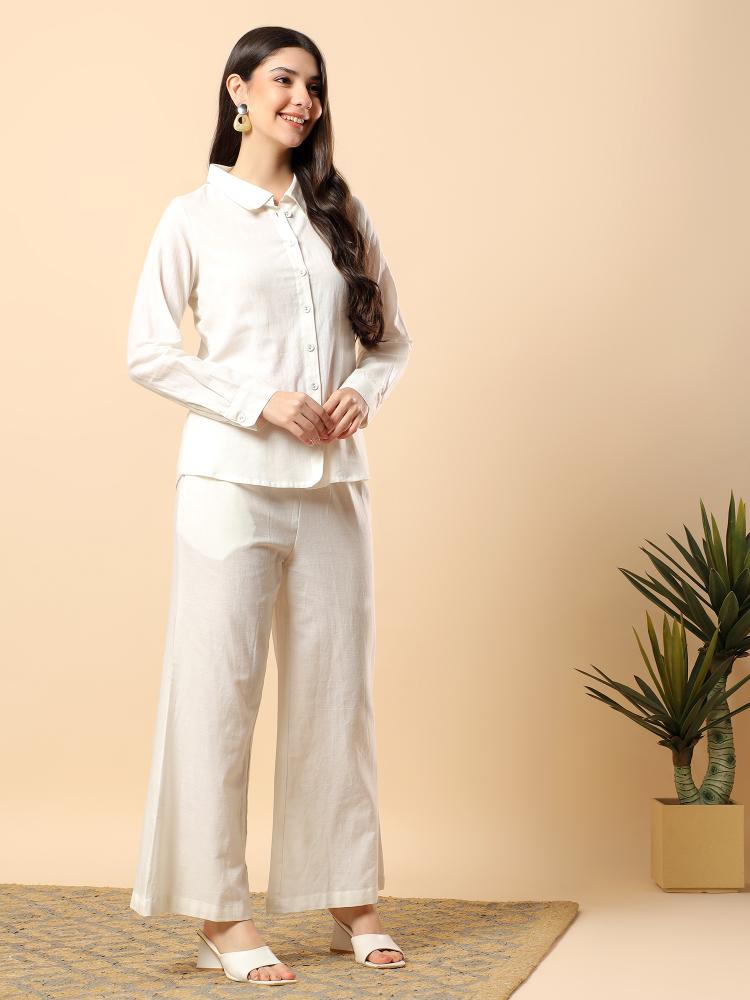Women Cream Plain Cotton Shirt  Trouser Set
