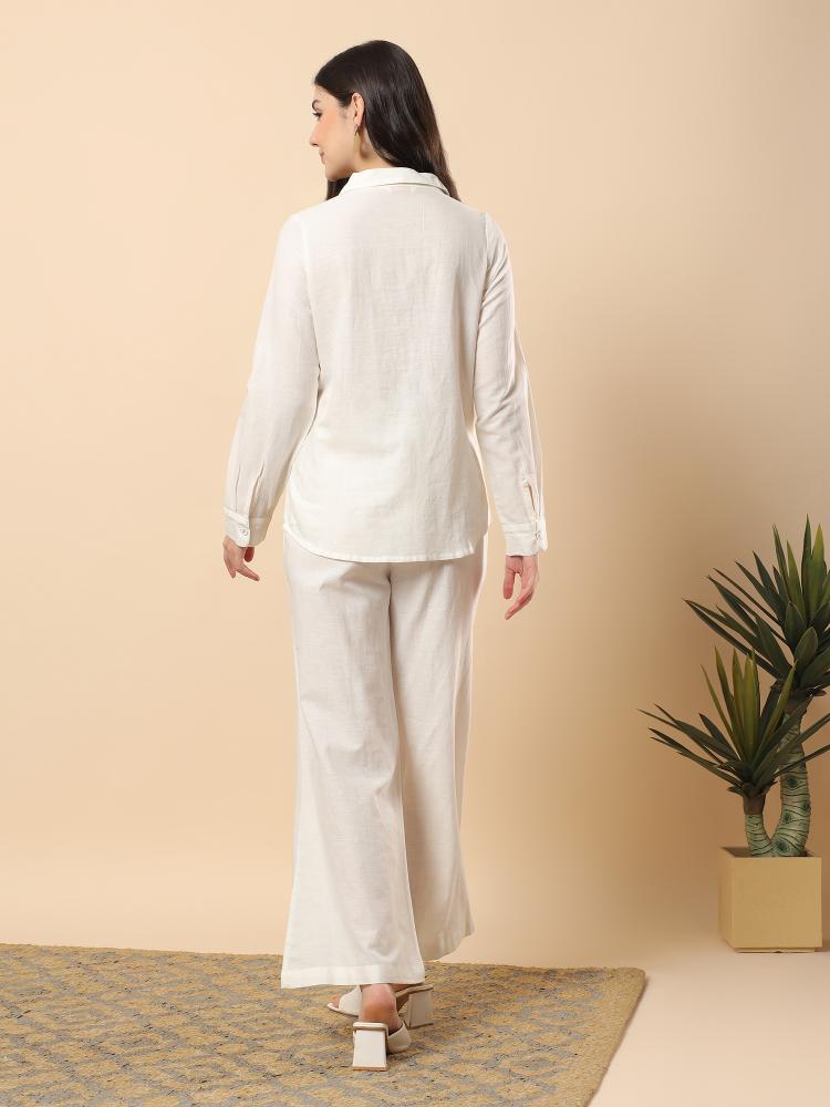 Women Cream Plain Cotton Shirt  Trouser Set