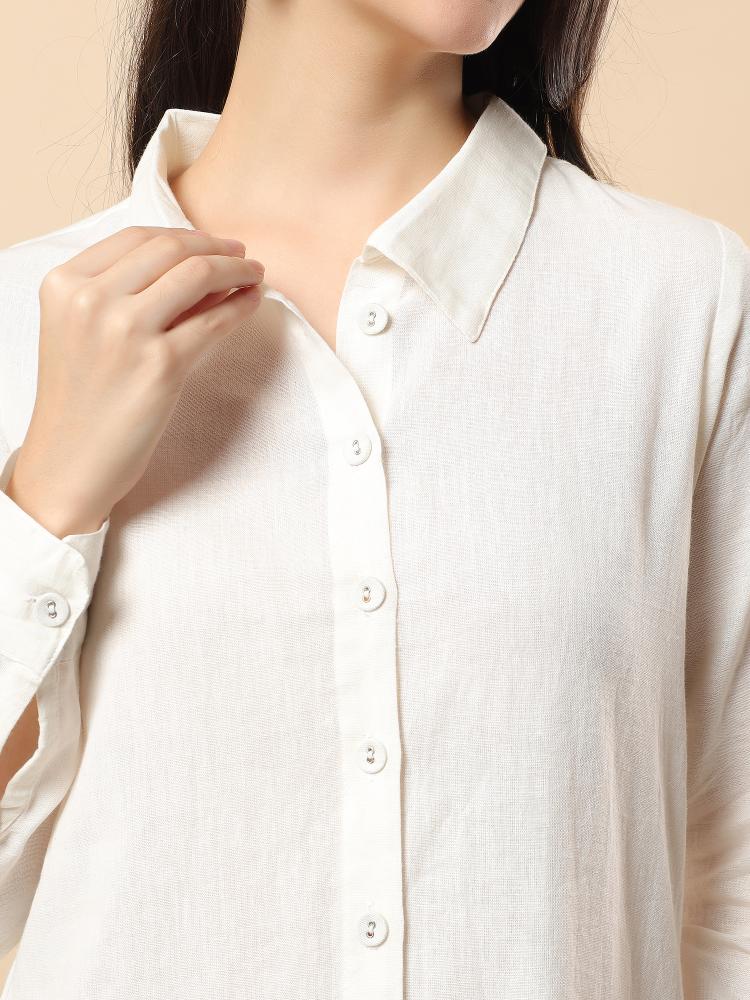 Women Cream Plain Cotton Shirt  Trouser Set