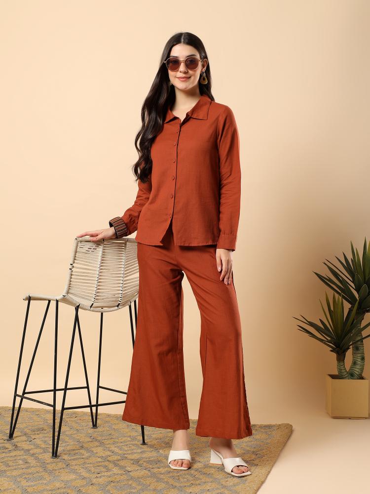 Women Brown Plain Cotton Shirt  Trouser Set