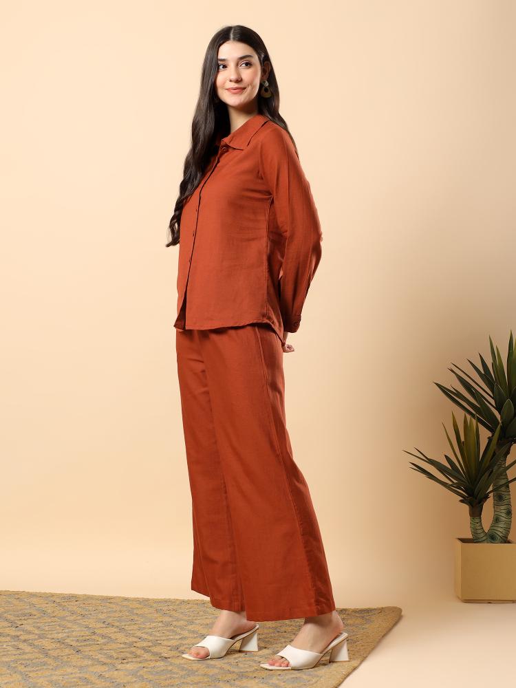 Women Brown Plain Cotton Shirt  Trouser Set