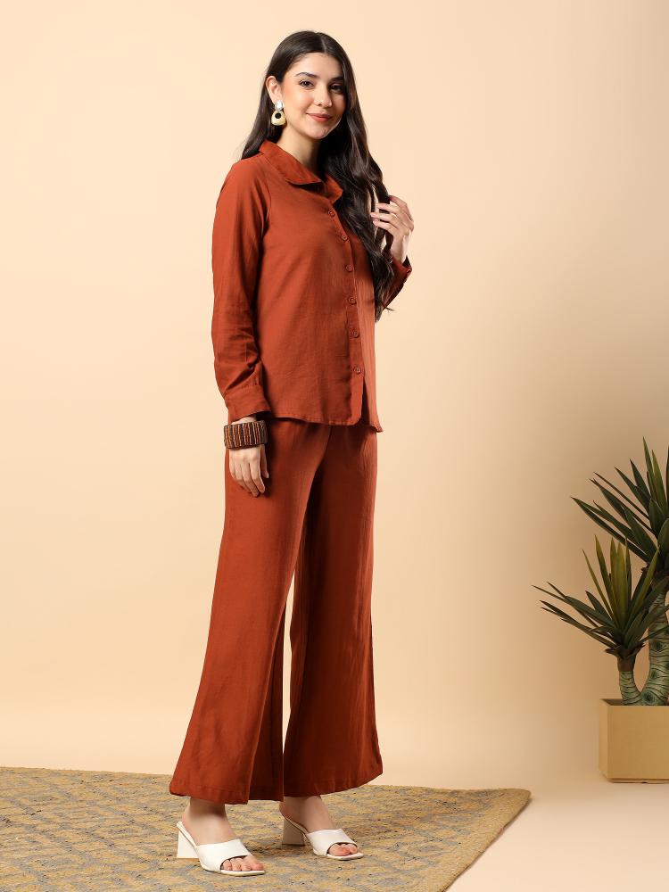 Women Brown Plain Cotton Shirt  Trouser Set