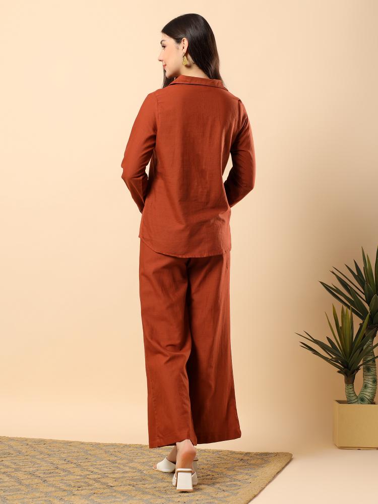 Women Brown Plain Cotton Shirt  Trouser Set