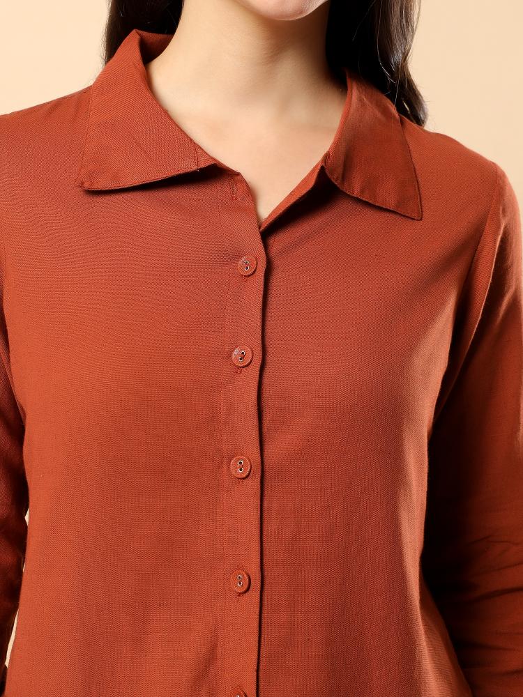Women Brown Plain Cotton Shirt  Trouser Set