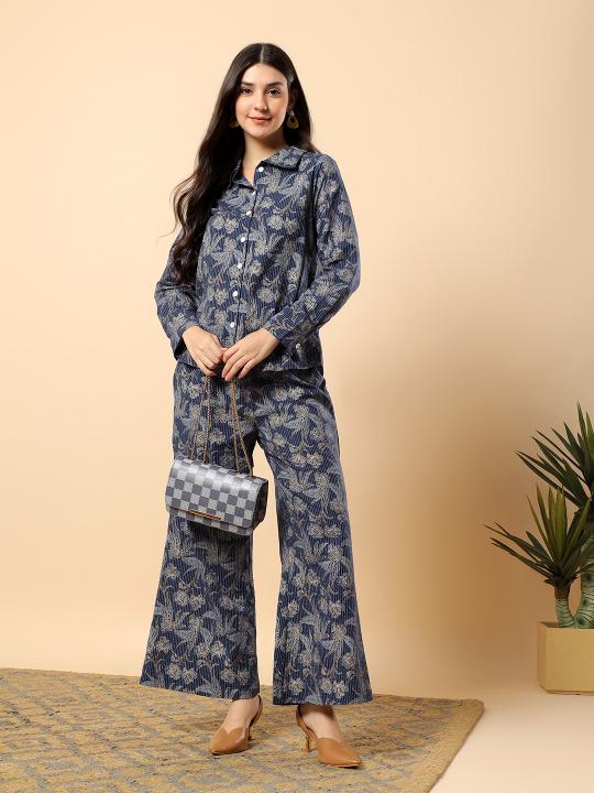Women Blue Plain Cotton Shirt  & Pant set
