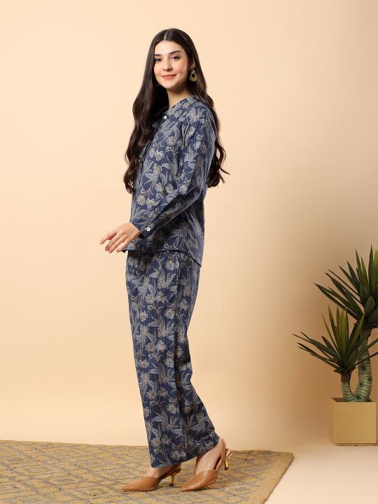 Women Blue Plain Cotton Shirt  & Pant set