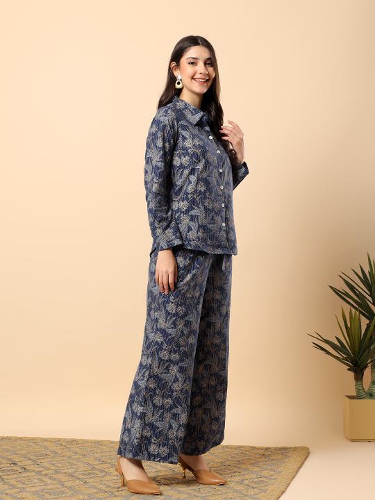 Women Blue Plain Cotton Shirt  & Pant set