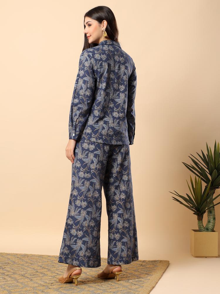 Women Blue Plain Cotton Shirt  & Pant set