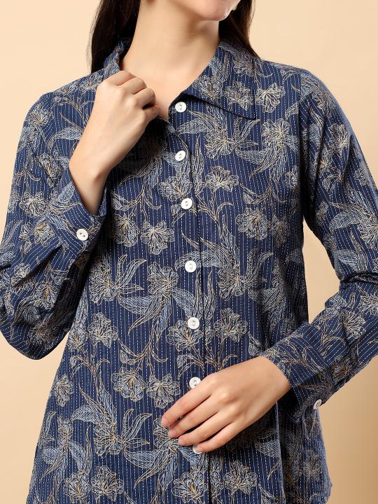 Women Blue Plain Cotton Shirt  & Pant set