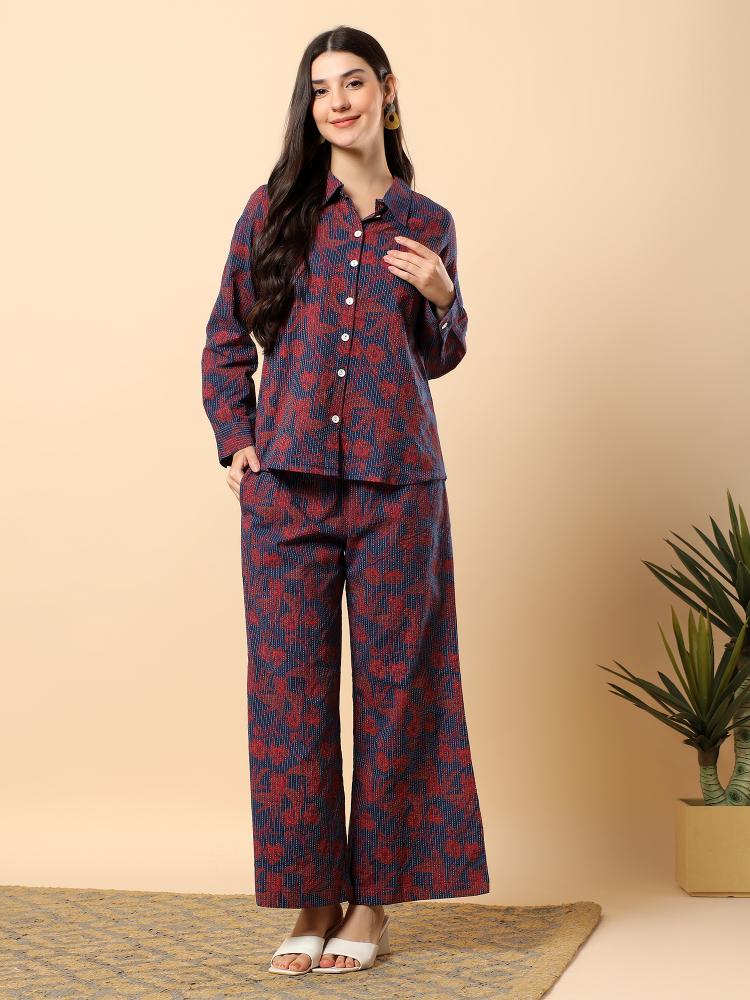 Women Maroon Plain Cotton Shirt  Trouser Set