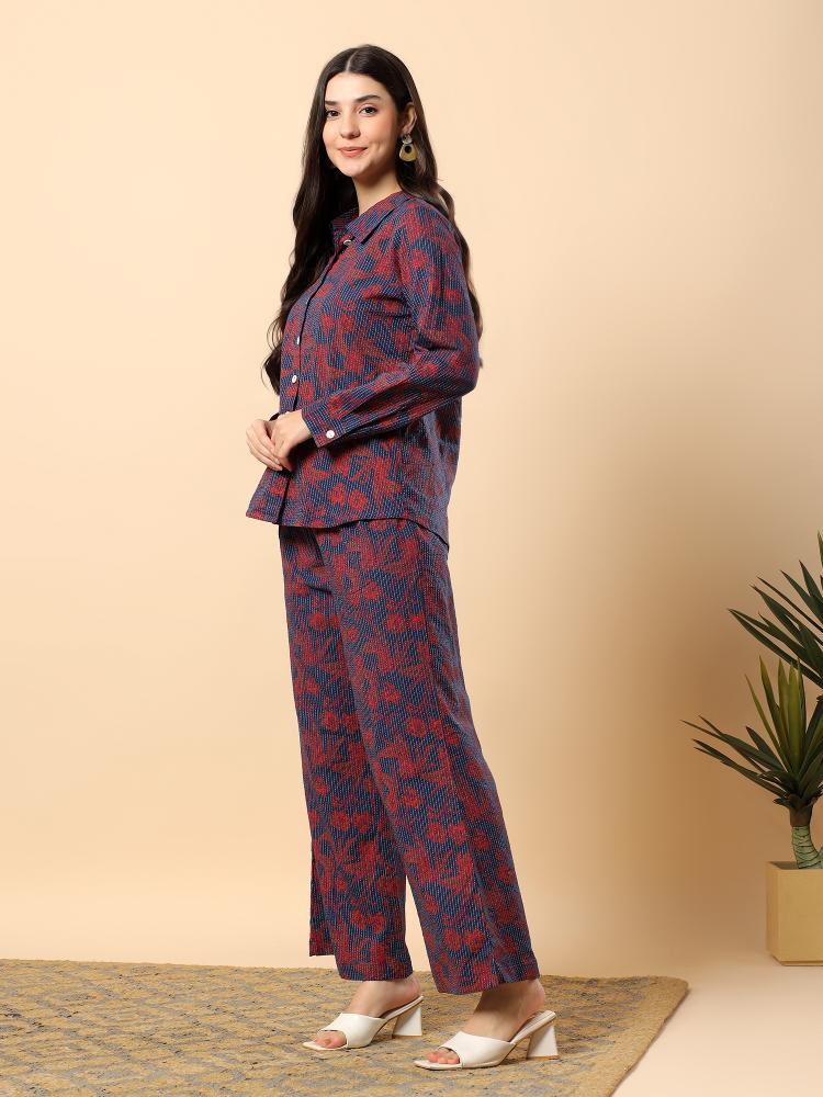 Women Maroon Plain Cotton Shirt  Trouser Set