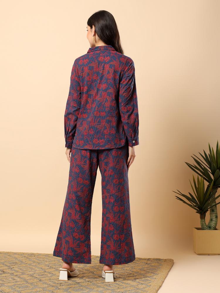Women Maroon Plain Cotton Shirt  Trouser Set