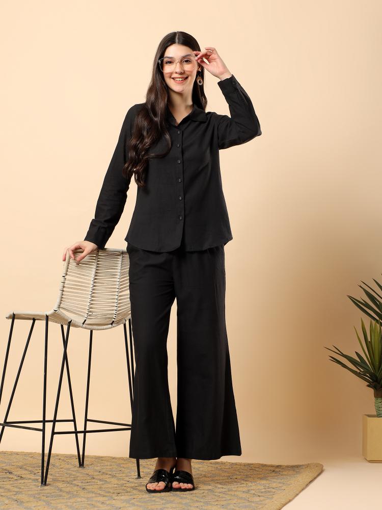 Women Black Plain Cotton Shirt  Trouser Set