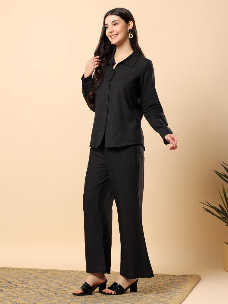 Women Black Plain Cotton Shirt  Trouser Set