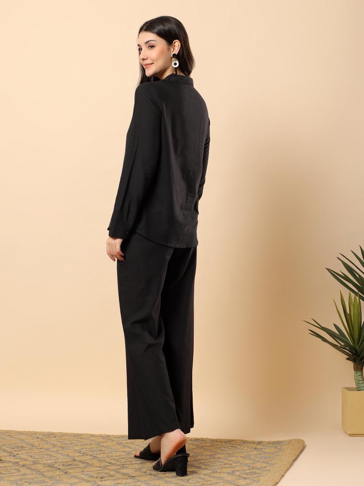 Women Black Plain Cotton Shirt  Trouser Set