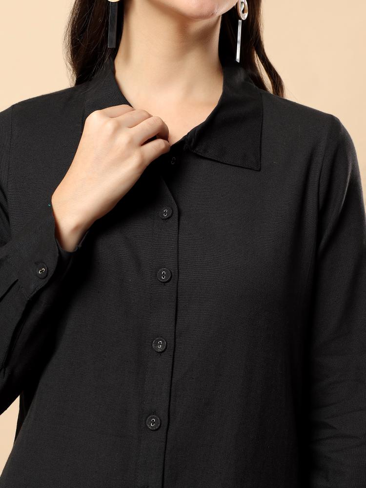 Women Black Plain Cotton Shirt  Trouser Set