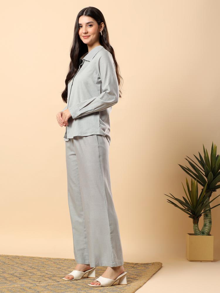Women Grey Plain Cotton Shirt  Trouser Set