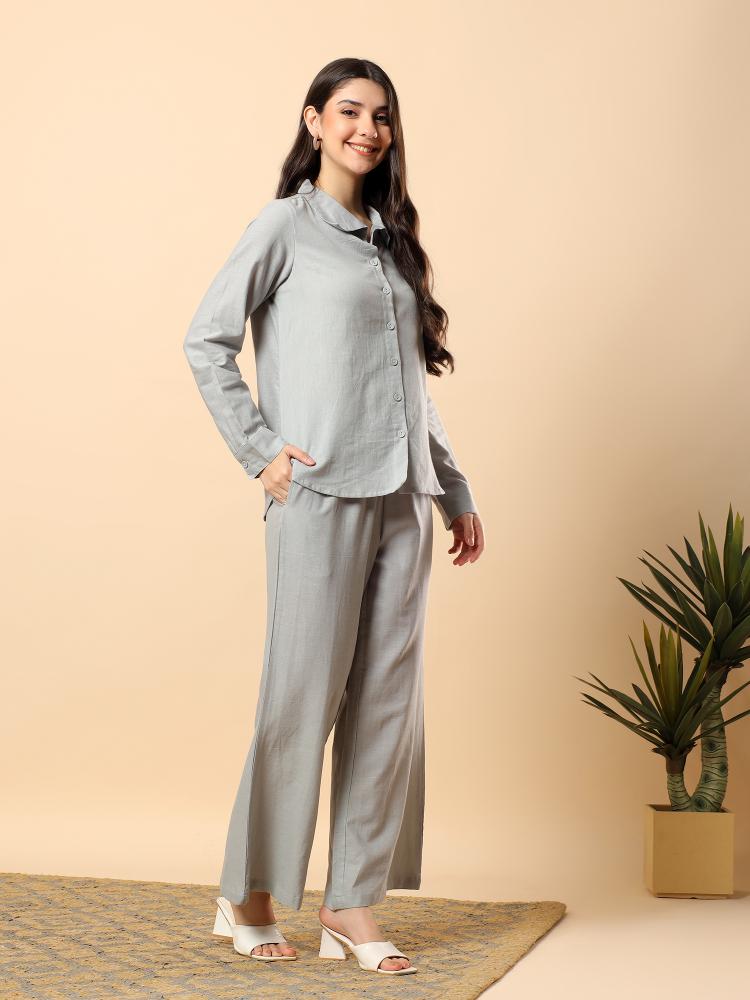 Women Grey Plain Cotton Shirt  Trouser Set