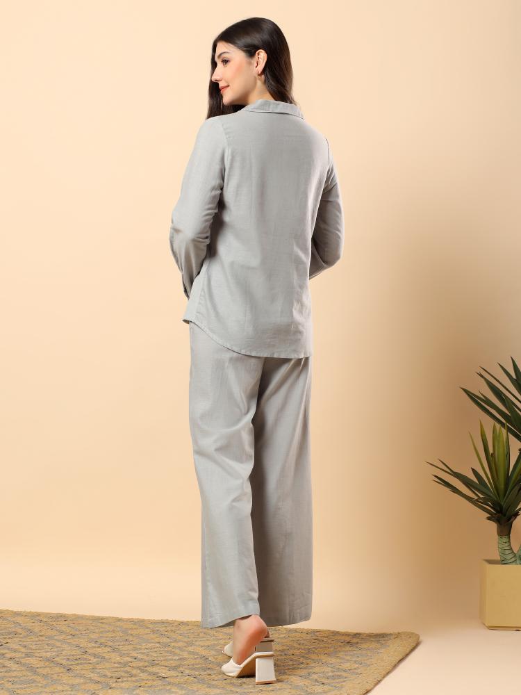 Women Grey Plain Cotton Shirt  Trouser Set