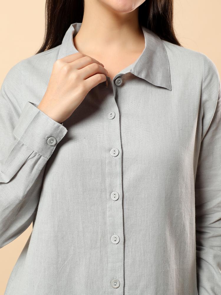 Women Grey Plain Cotton Shirt  Trouser Set