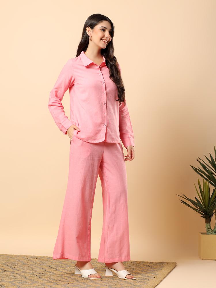 Pink Plain Cotton Shirt  Trouser Set