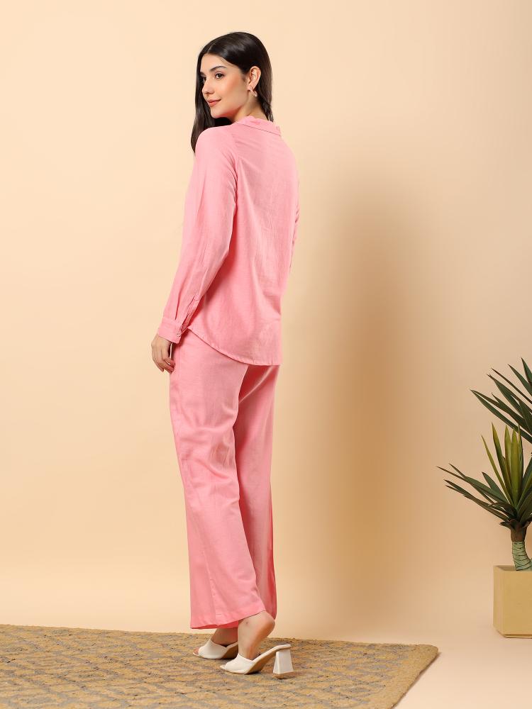 Pink Plain Cotton Shirt  Trouser Set