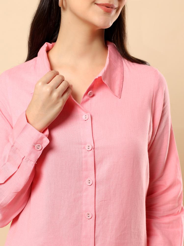 Pink Plain Cotton Shirt  Trouser Set
