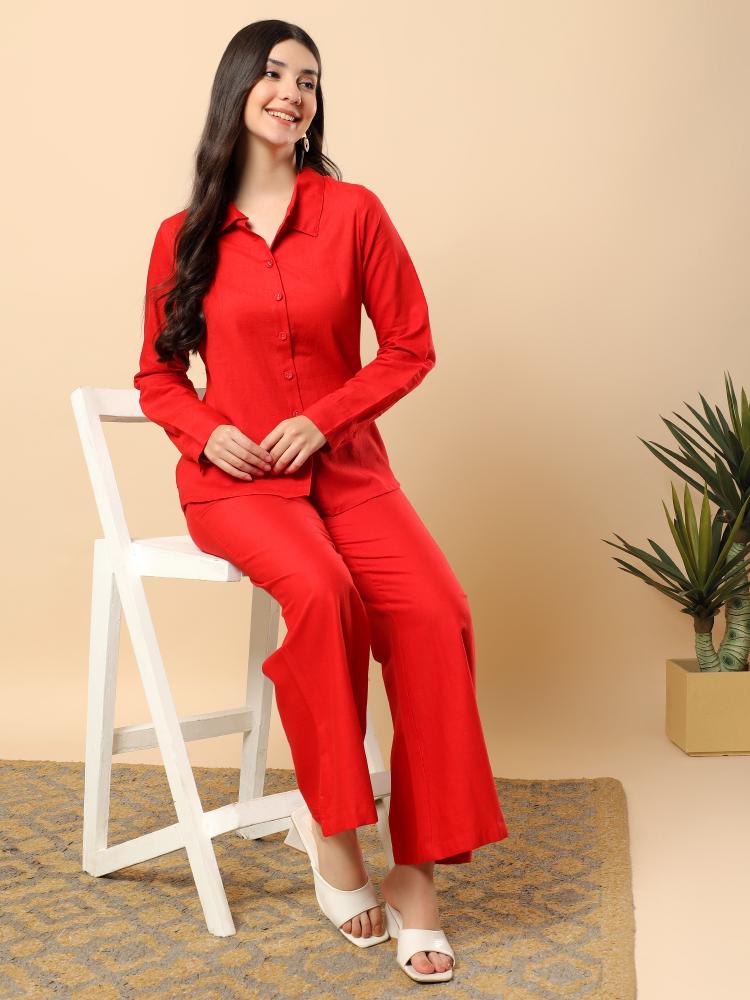 Women Red Plain Cotton Shirt  Trouser Set