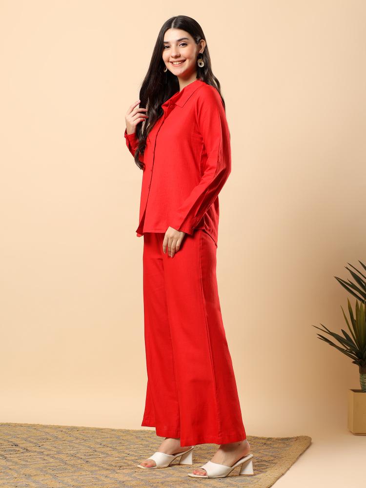 Women Red Plain Cotton Shirt  Trouser Set