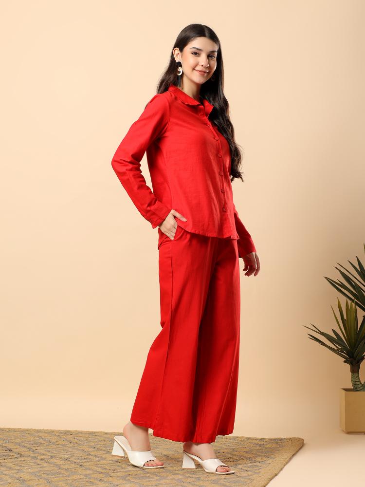 Women Red Plain Cotton Shirt  Trouser Set