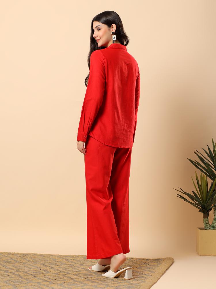 Women Red Plain Cotton Shirt  Trouser Set