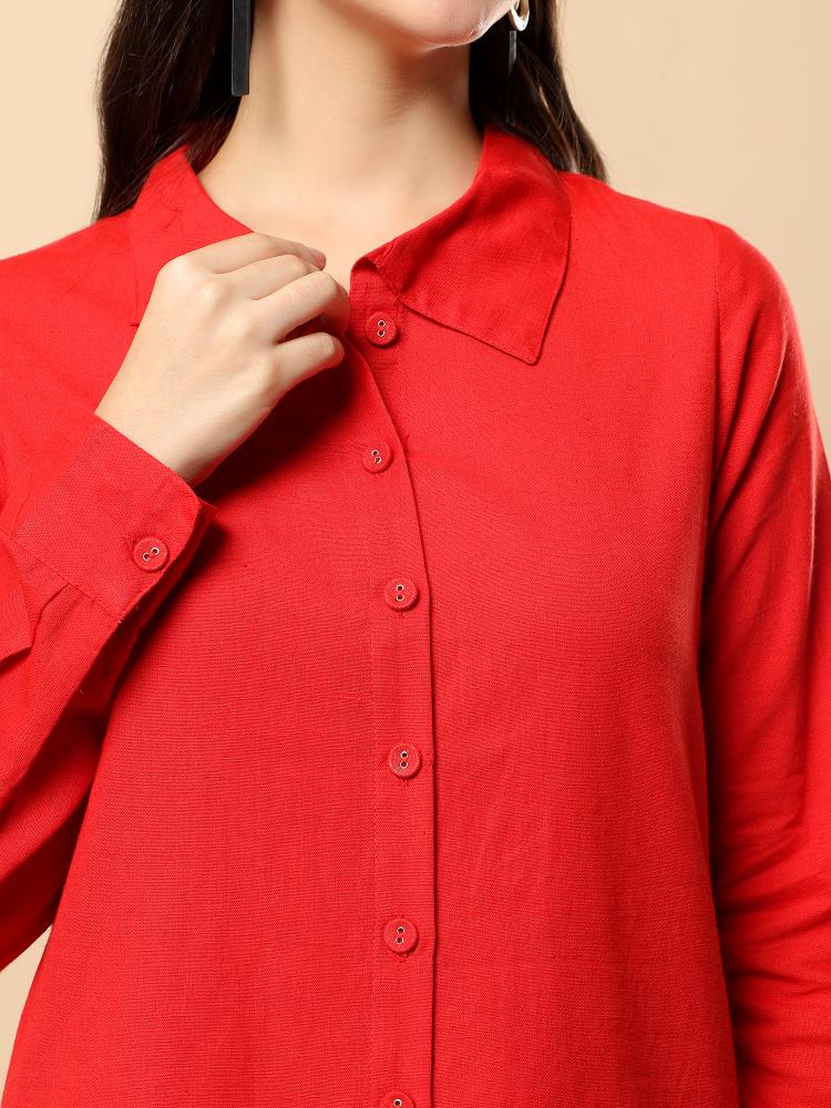 Women Red Plain Cotton Shirt  Trouser Set