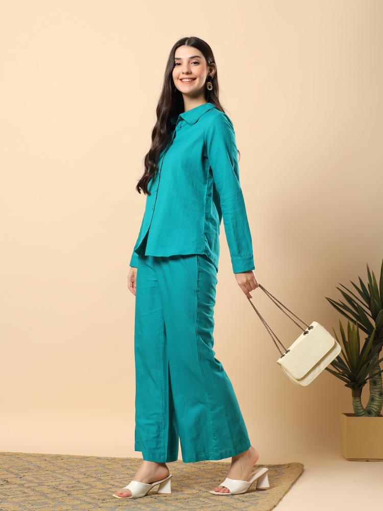 Women Turquoise Plain Cotton Shirt  Trouser Set