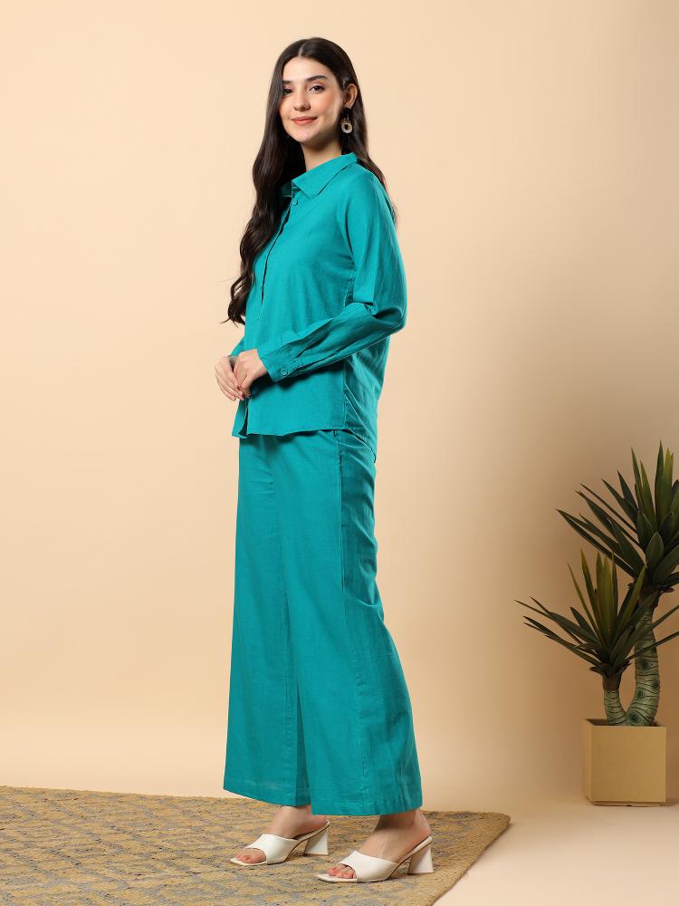 Women Turquoise Plain Cotton Shirt  Trouser Set