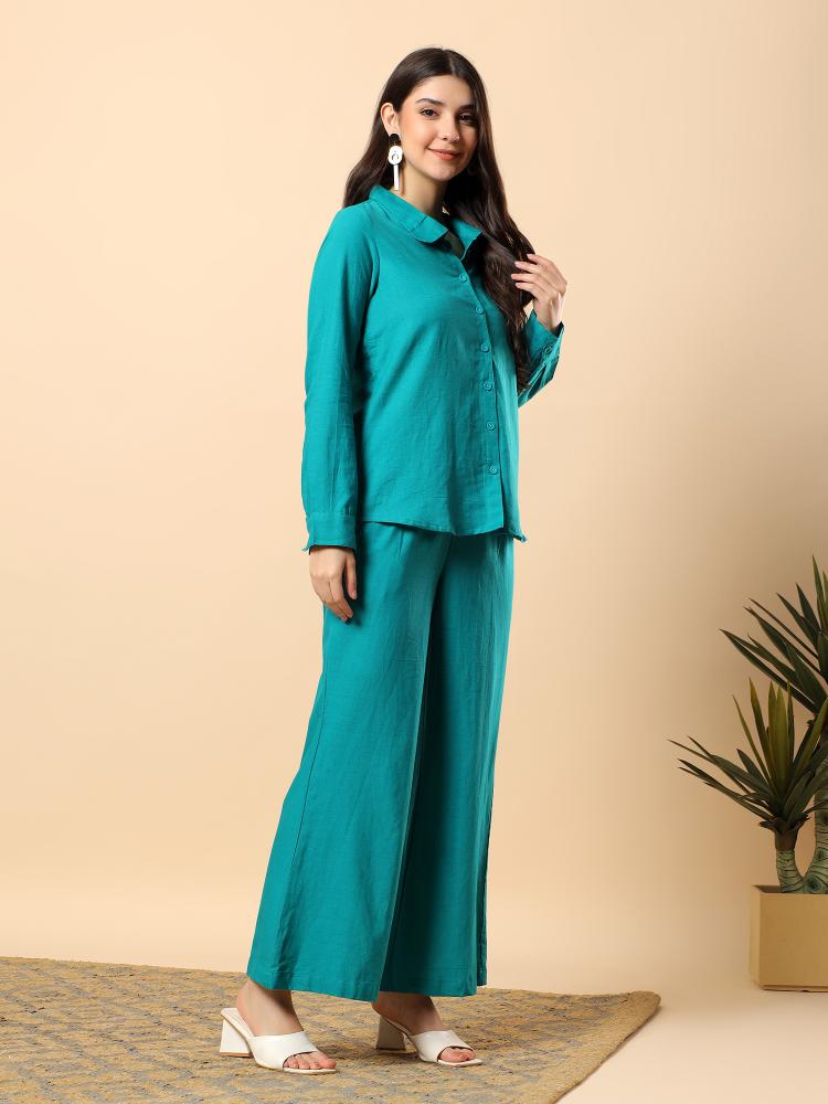 Women Turquoise Plain Cotton Shirt  Trouser Set