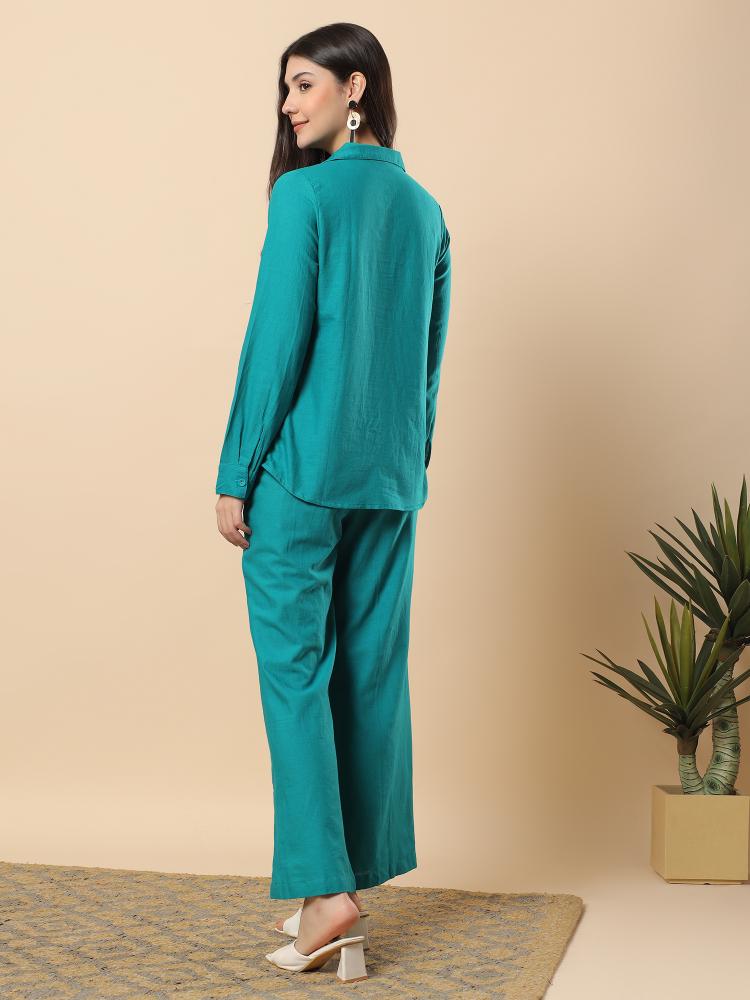 Women Turquoise Plain Cotton Shirt  Trouser Set