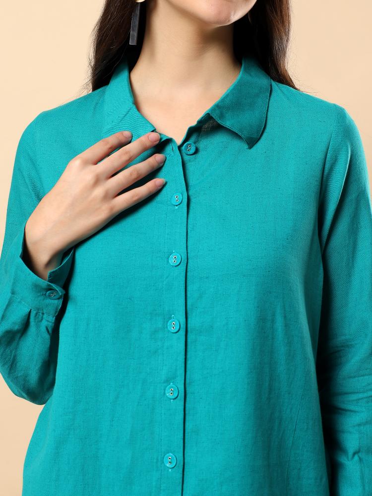 Women Turquoise Plain Cotton Shirt  Trouser Set