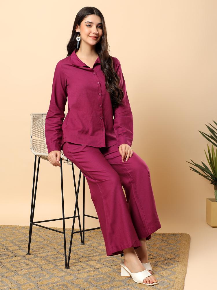 Women Purple Plain Cotton Shirt  Trouser Set