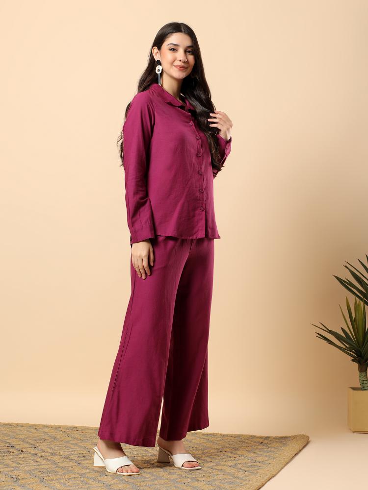 Women Purple Plain Cotton Shirt  Trouser Set