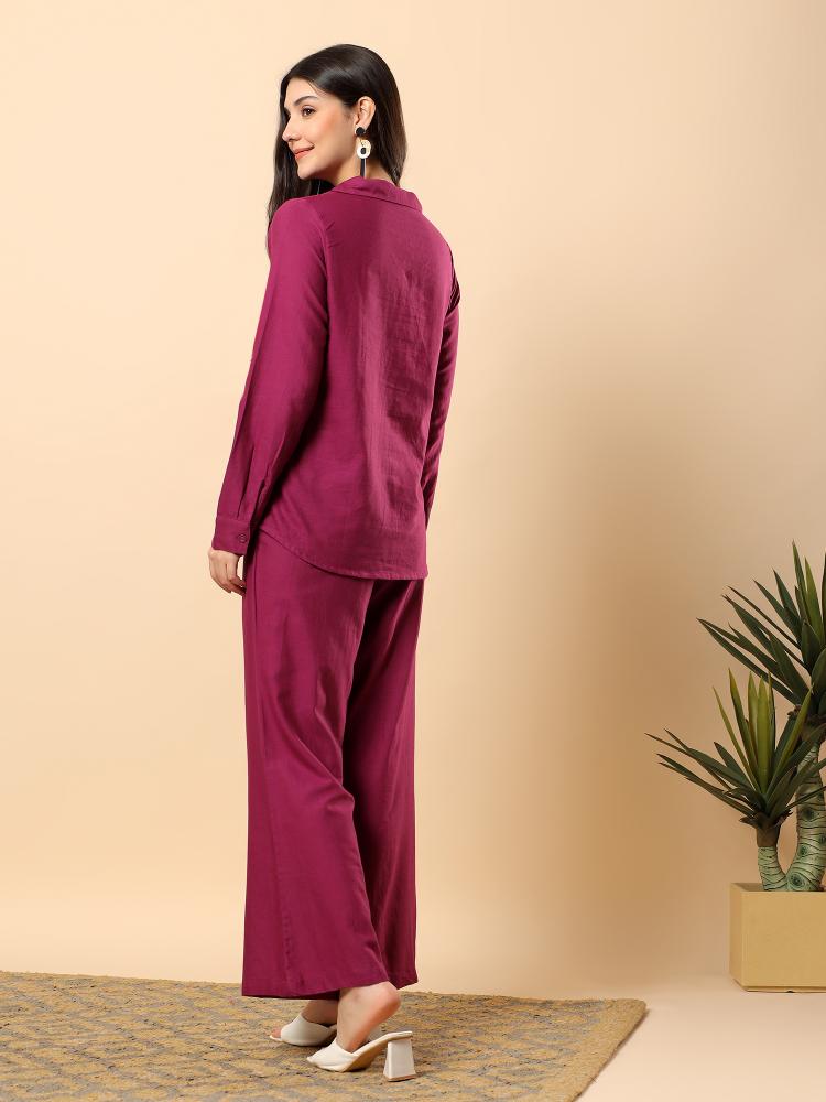 Women Purple Plain Cotton Shirt  Trouser Set