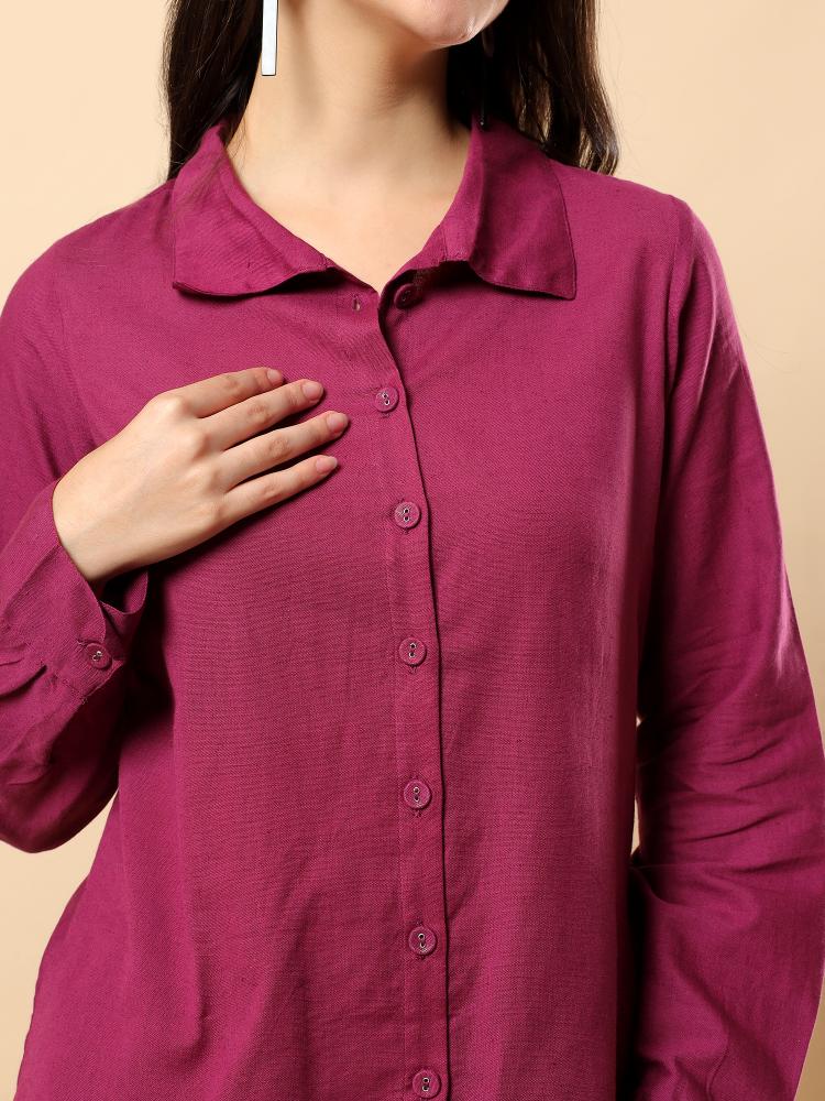 Women Purple Plain Cotton Shirt  Trouser Set