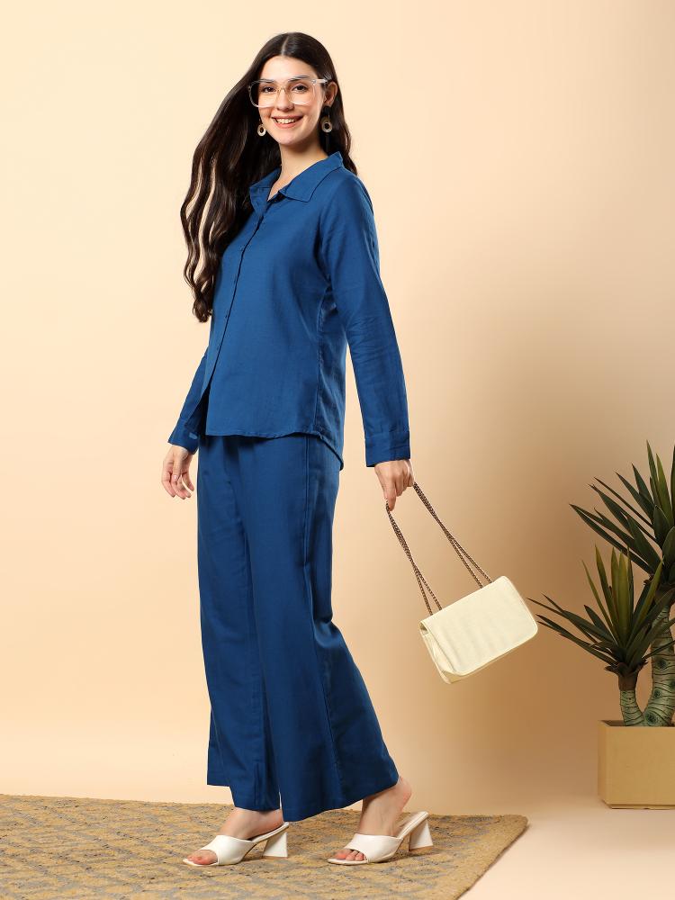 Women Blue Plain Cotton Shirt  Trouser Set