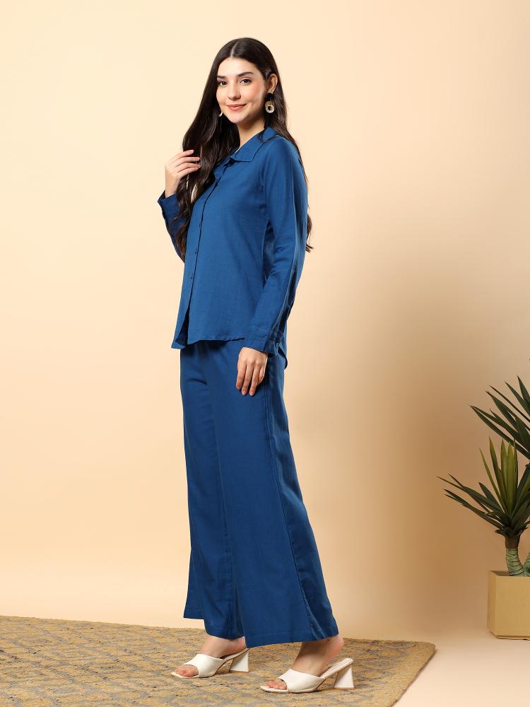 Women Blue Plain Cotton Shirt  Trouser Set