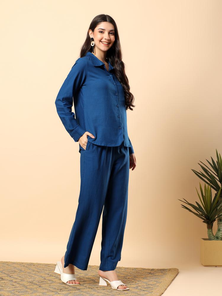 Women Blue Plain Cotton Shirt  Trouser Set