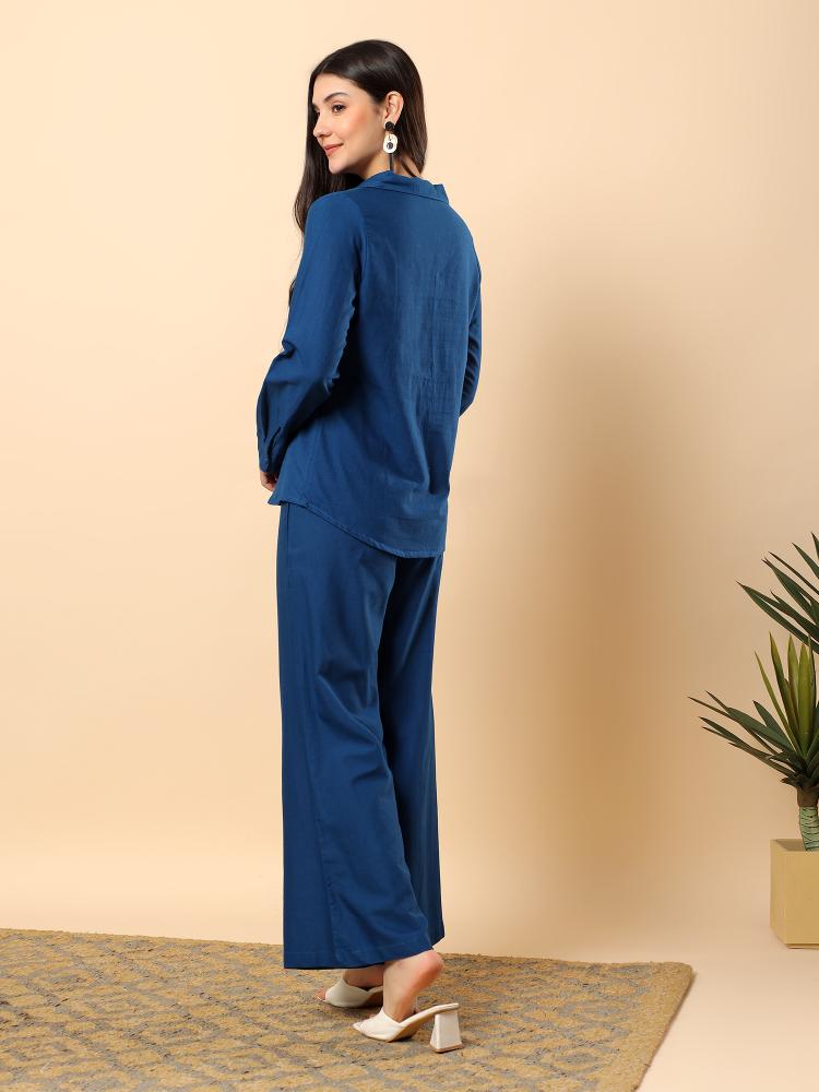 Women Blue Plain Cotton Shirt  Trouser Set
