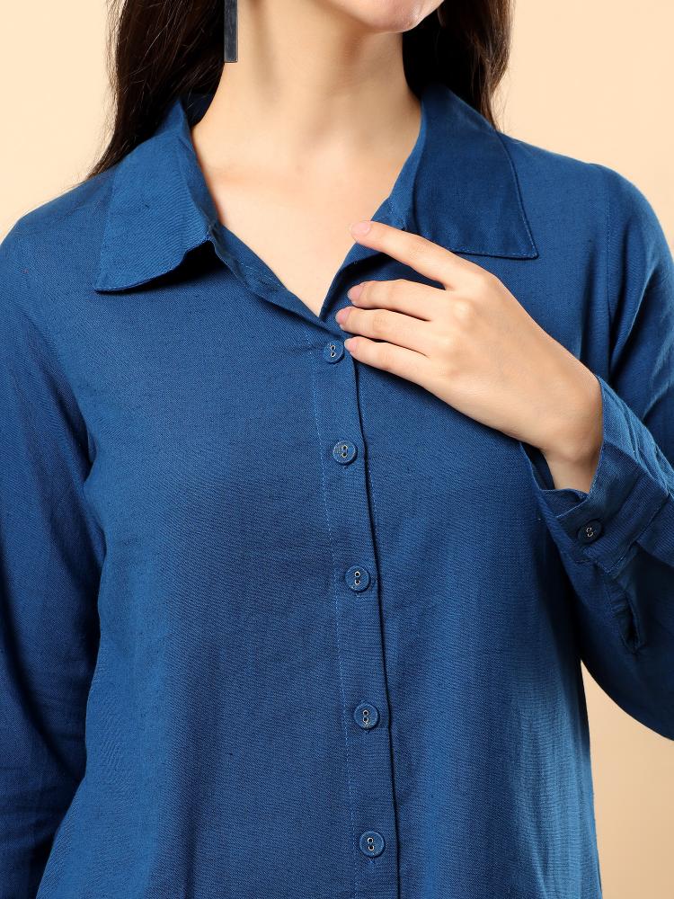 Women Blue Plain Cotton Shirt  Trouser Set
