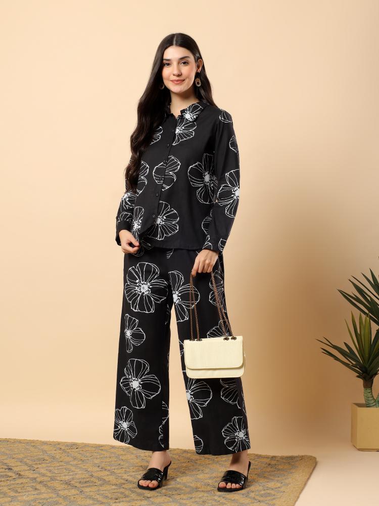 Women Black Plain Cotton Shirt  Trouser Set