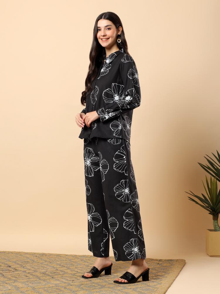 Women Black Plain Cotton Shirt  Trouser Set